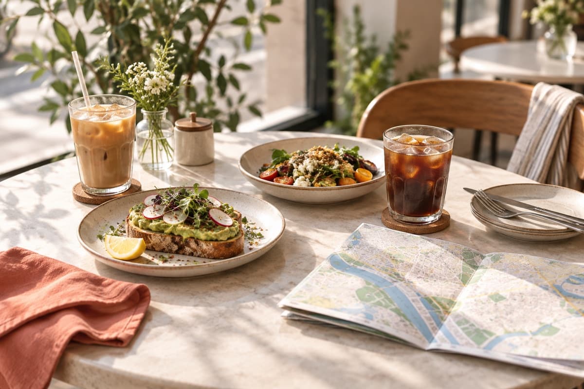 A sunlit cafe table with food and a city map
