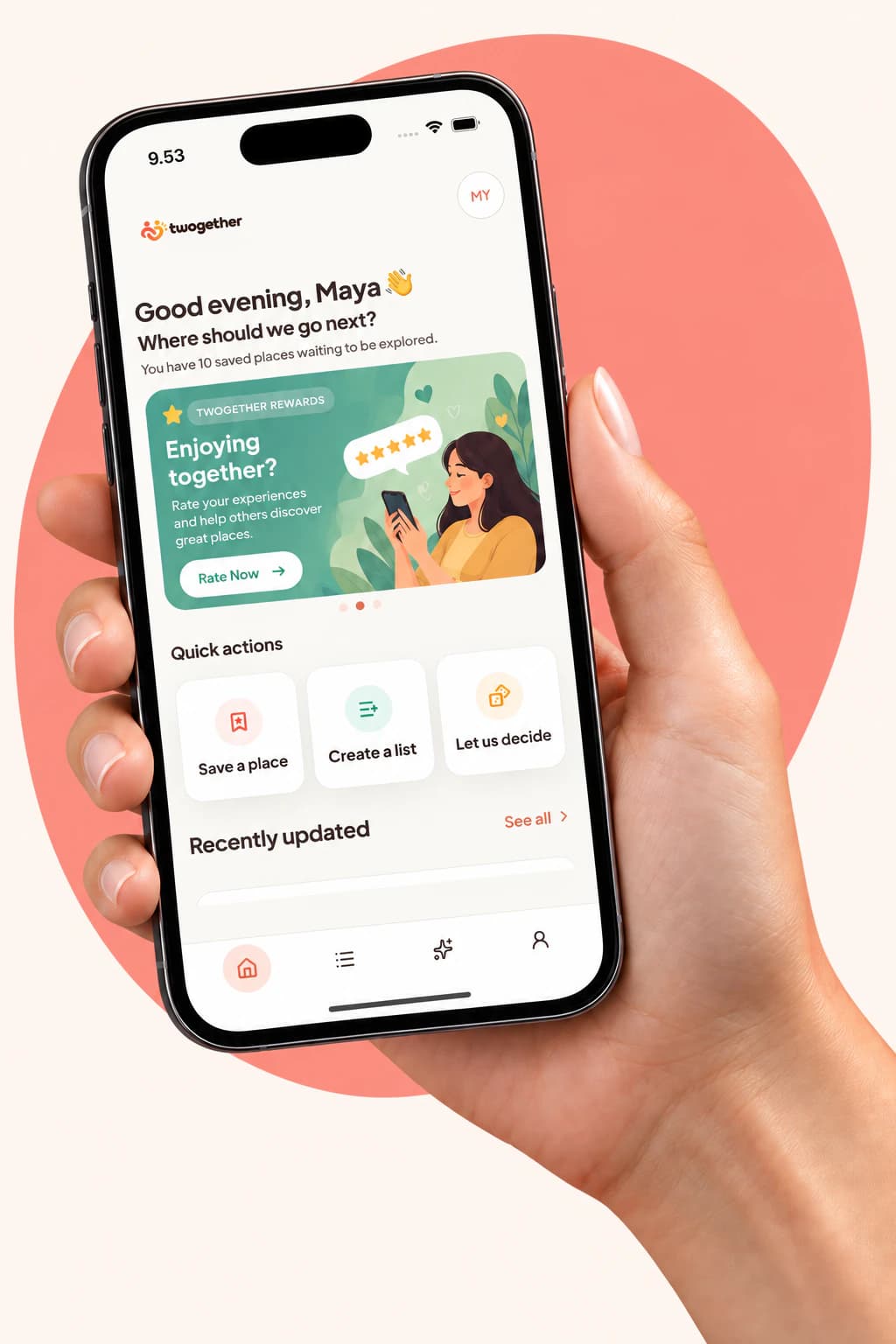 A hand holding the Twogether app, ready to organize saved places
