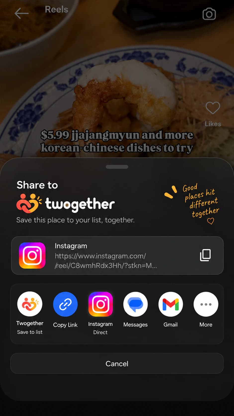 The phone share sheet saving an Instagram restaurant reel to Twogether