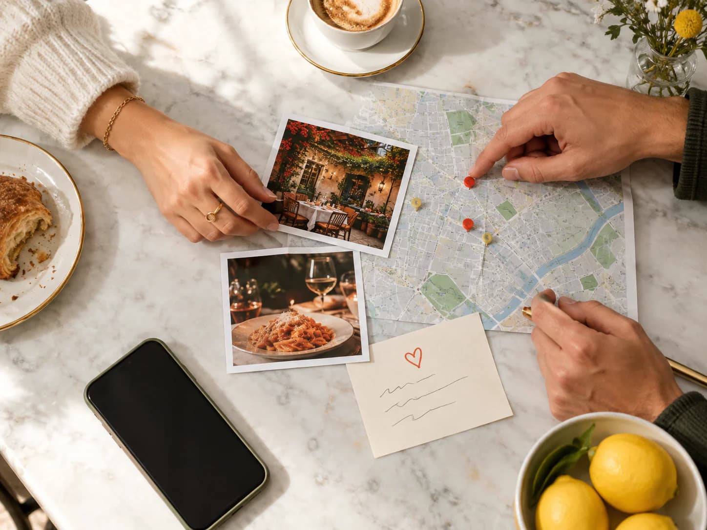 Two people turning saved restaurant ideas into a shared city plan