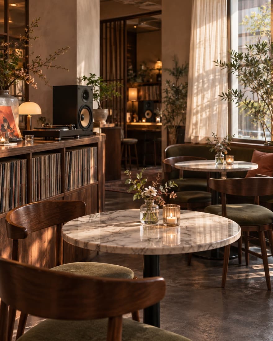 A warm listening bar with tables ready for a night out